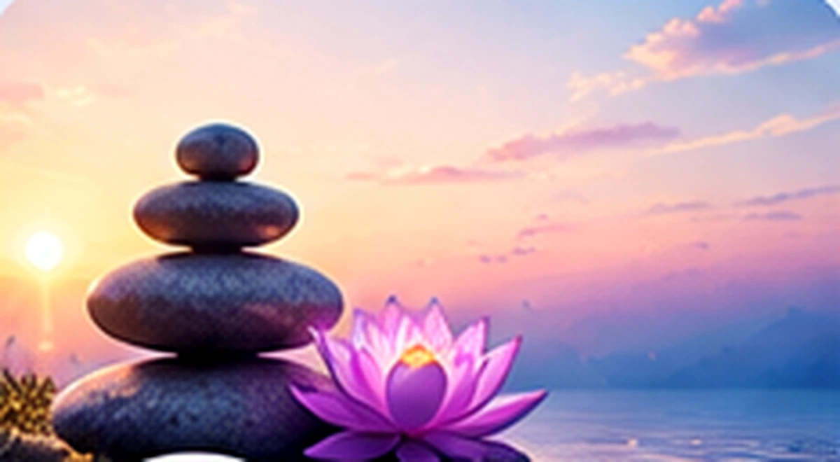 Lotus flower and balanced stones by a peaceful sunset, representing relaxation and wellness